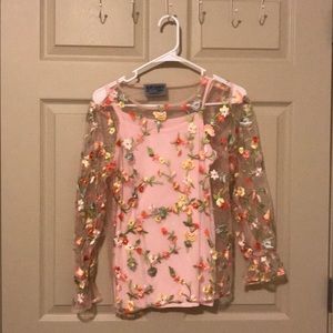 Pink tank top with sheer flower pattern shirt